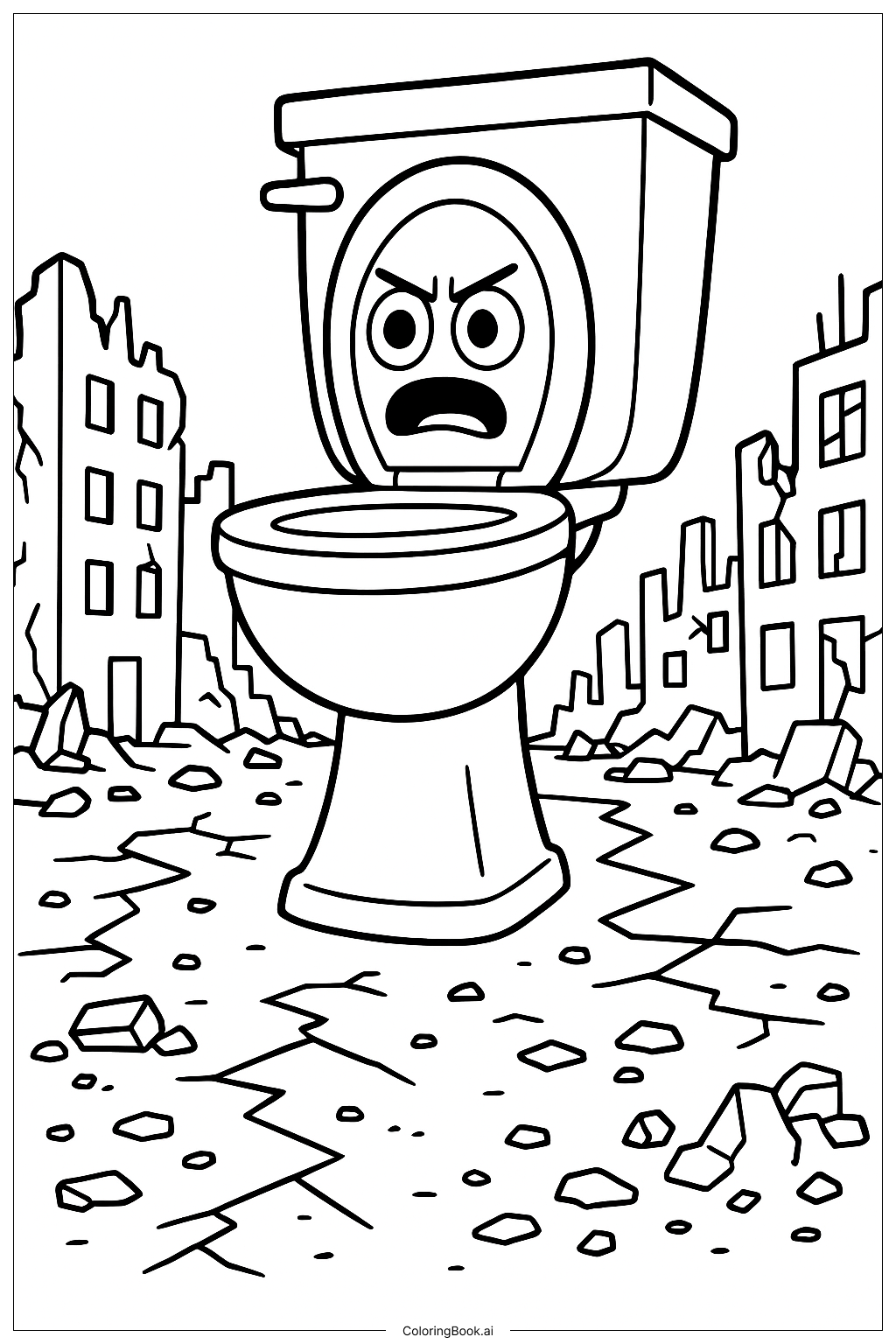  Page de coloriage Tour Géante de Toilettes Skibidi dans une Ville Détruite 
