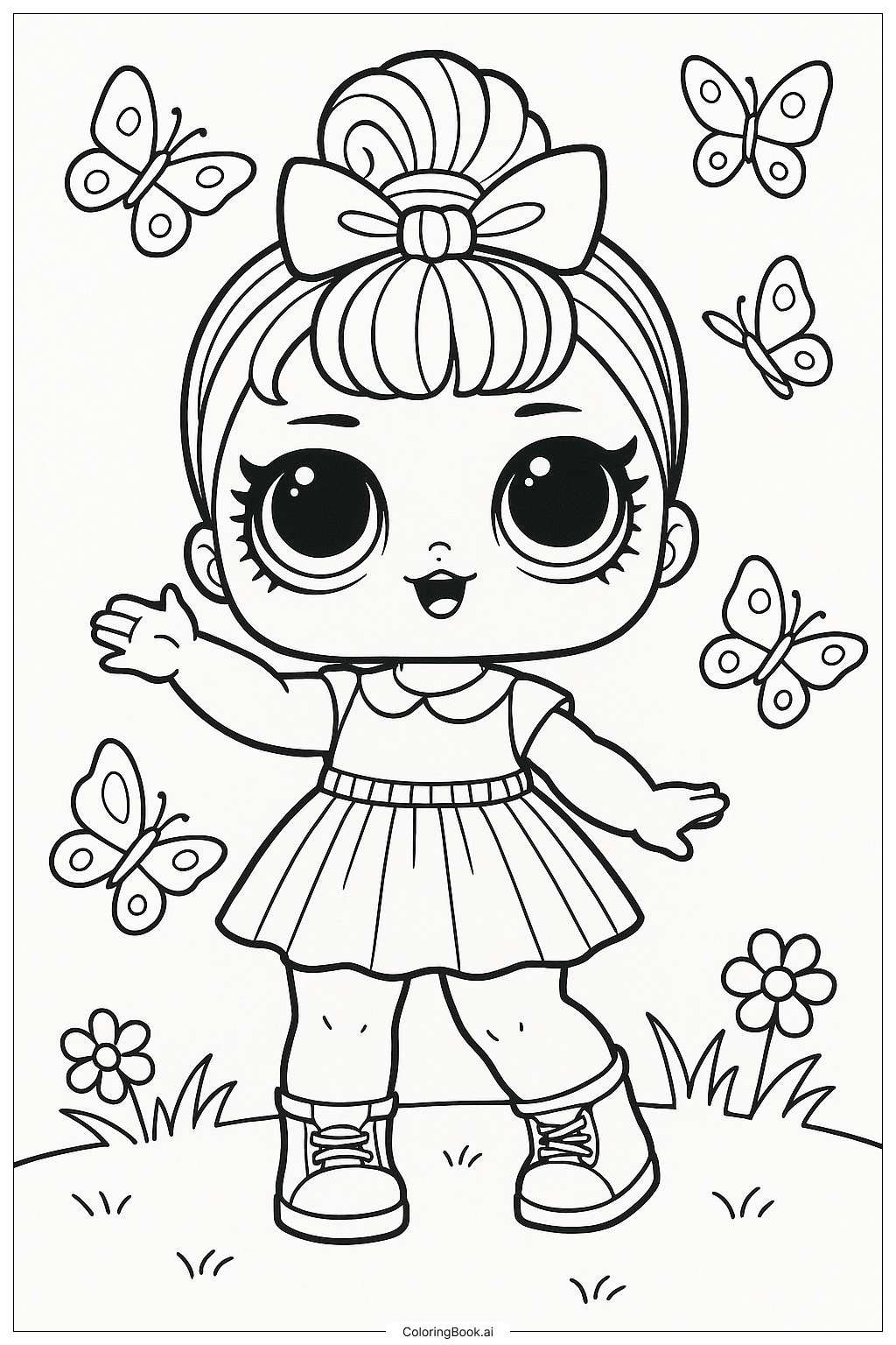 Página para colorir de Boneca Lol com um Grupo de Borboletas