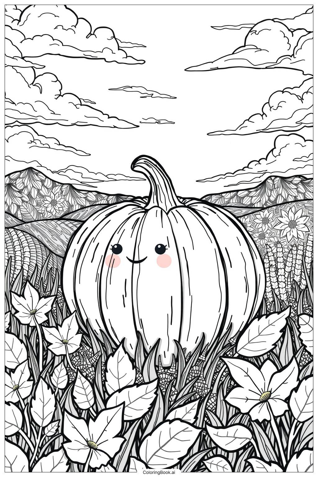  Página para colorear de Linda calabaza en un campo 