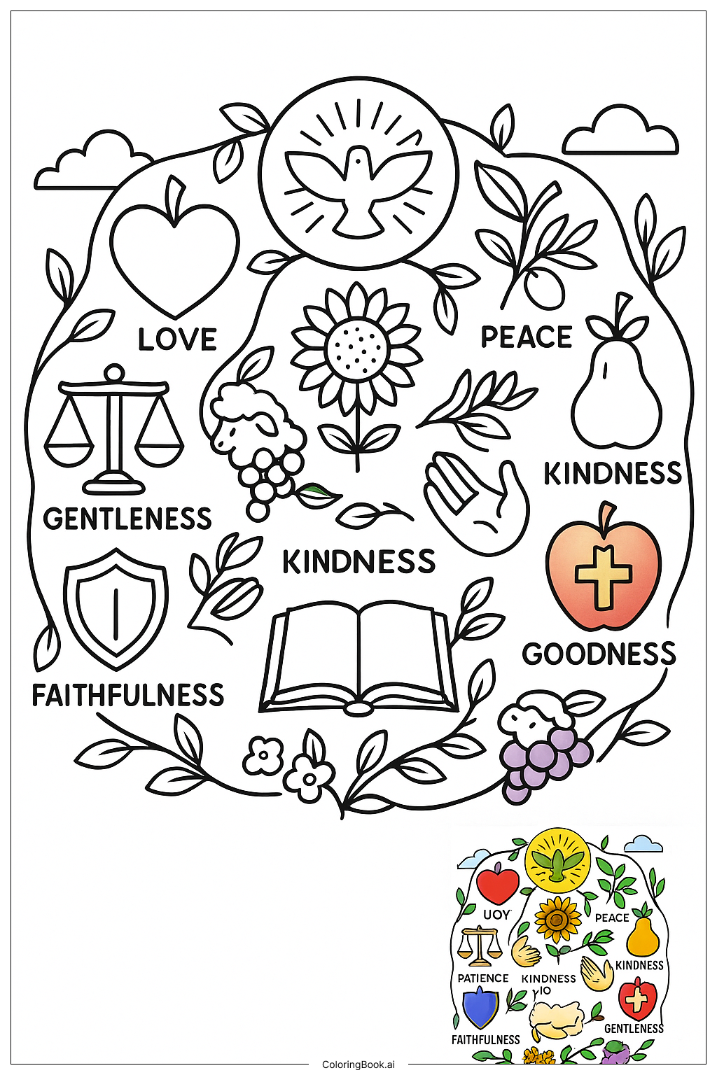  Página para colorear de Símbolos de la Biblia Frutos del Espíritu 
