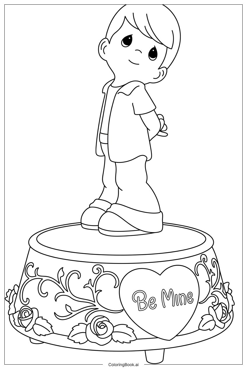  Página para colorear de Niño Precious Moments ofrece un valentino en un pedestal 
