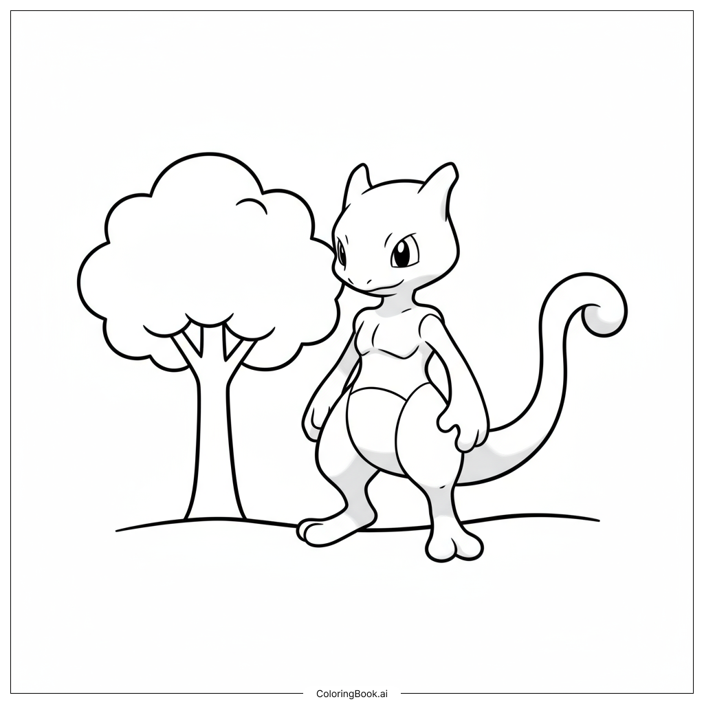  Page de coloriage Mewtwo debout fièrement à côté d'un arbre 