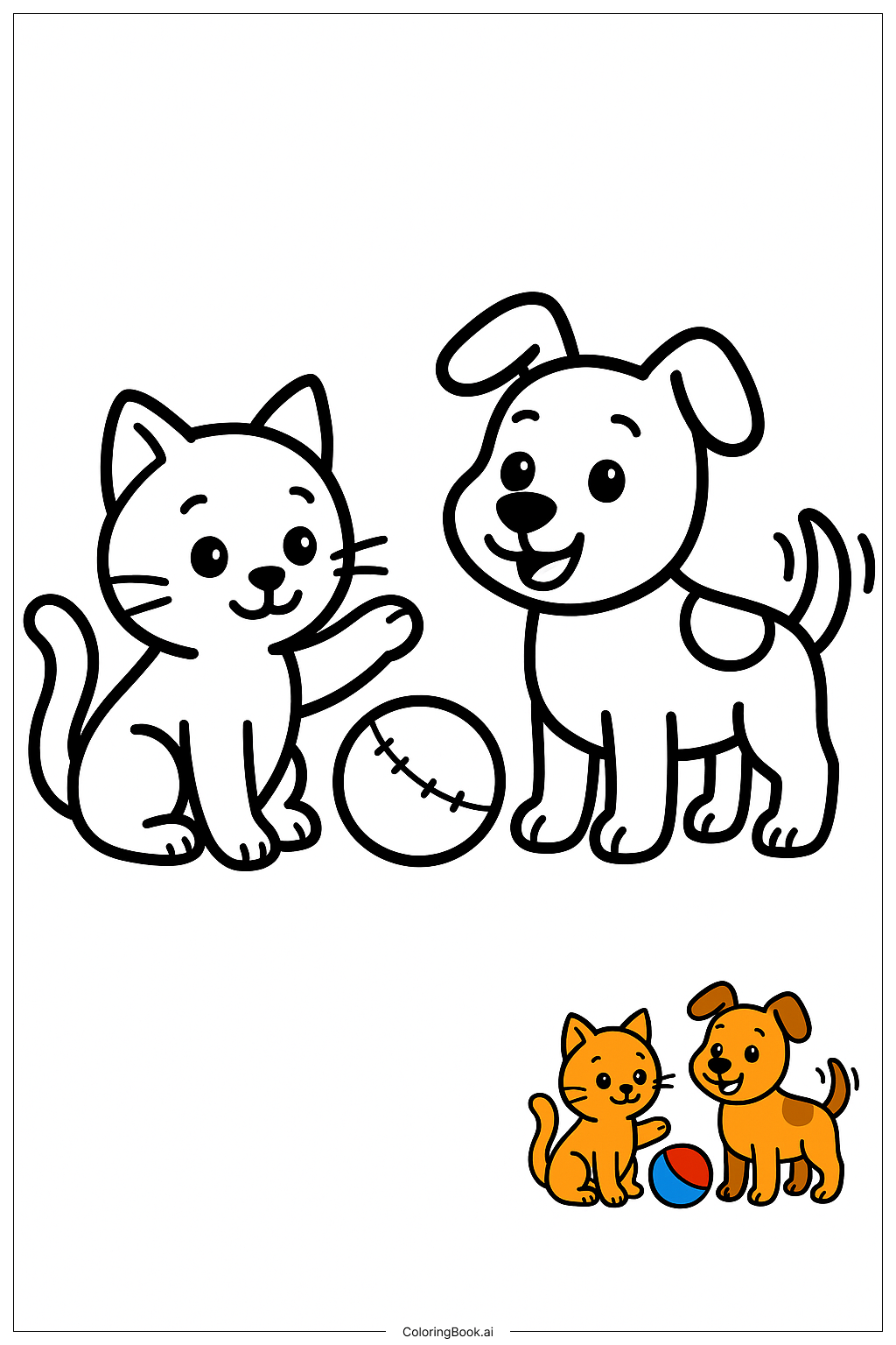  공과 함께 노는 개와 고양이 색칠공부 페이지 