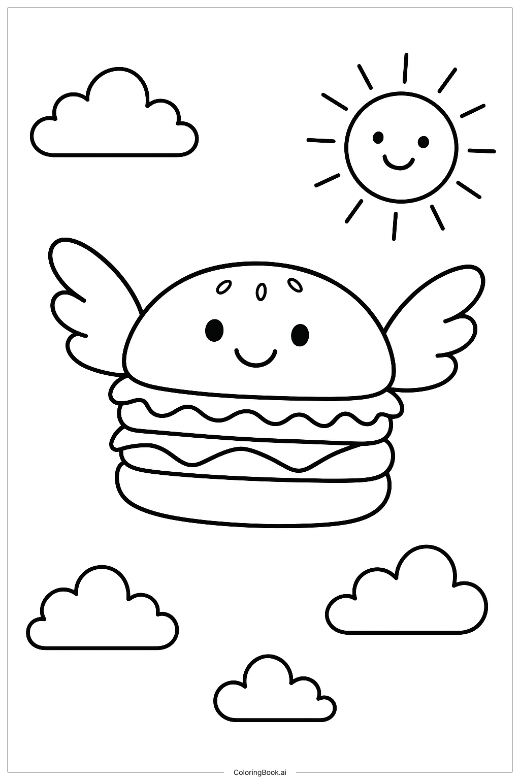  Page de coloriage Un hamburger volant avec des ailes de dessin animé 