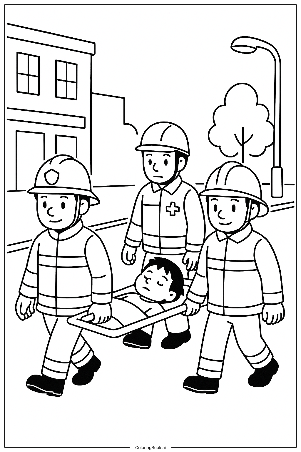  Página para colorear de Bomberos y equipo de rescate 