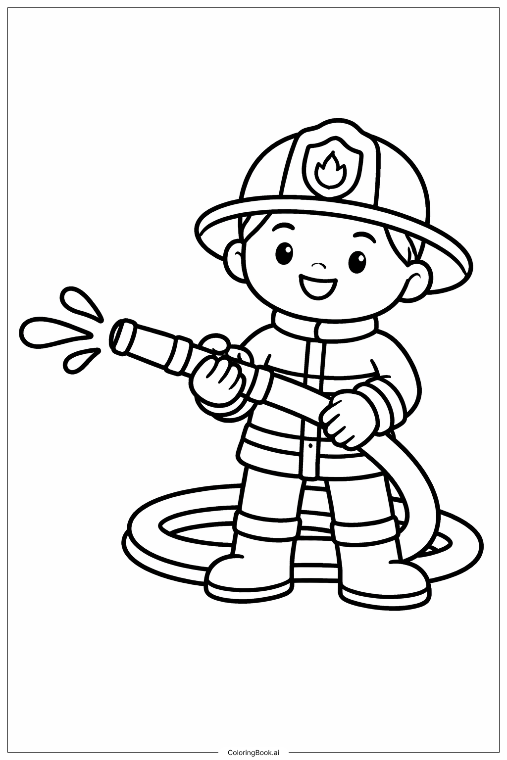  ホースを持つ消防士のキャラクターの塗り絵ページ 