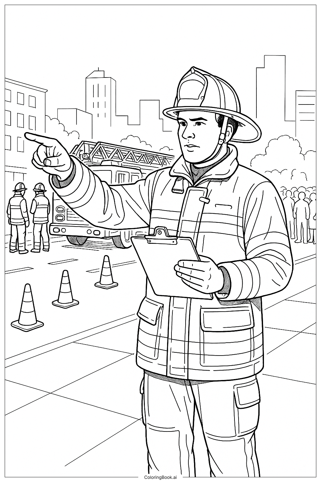  Página para colorear de Bombero Coordinando en la Escena 