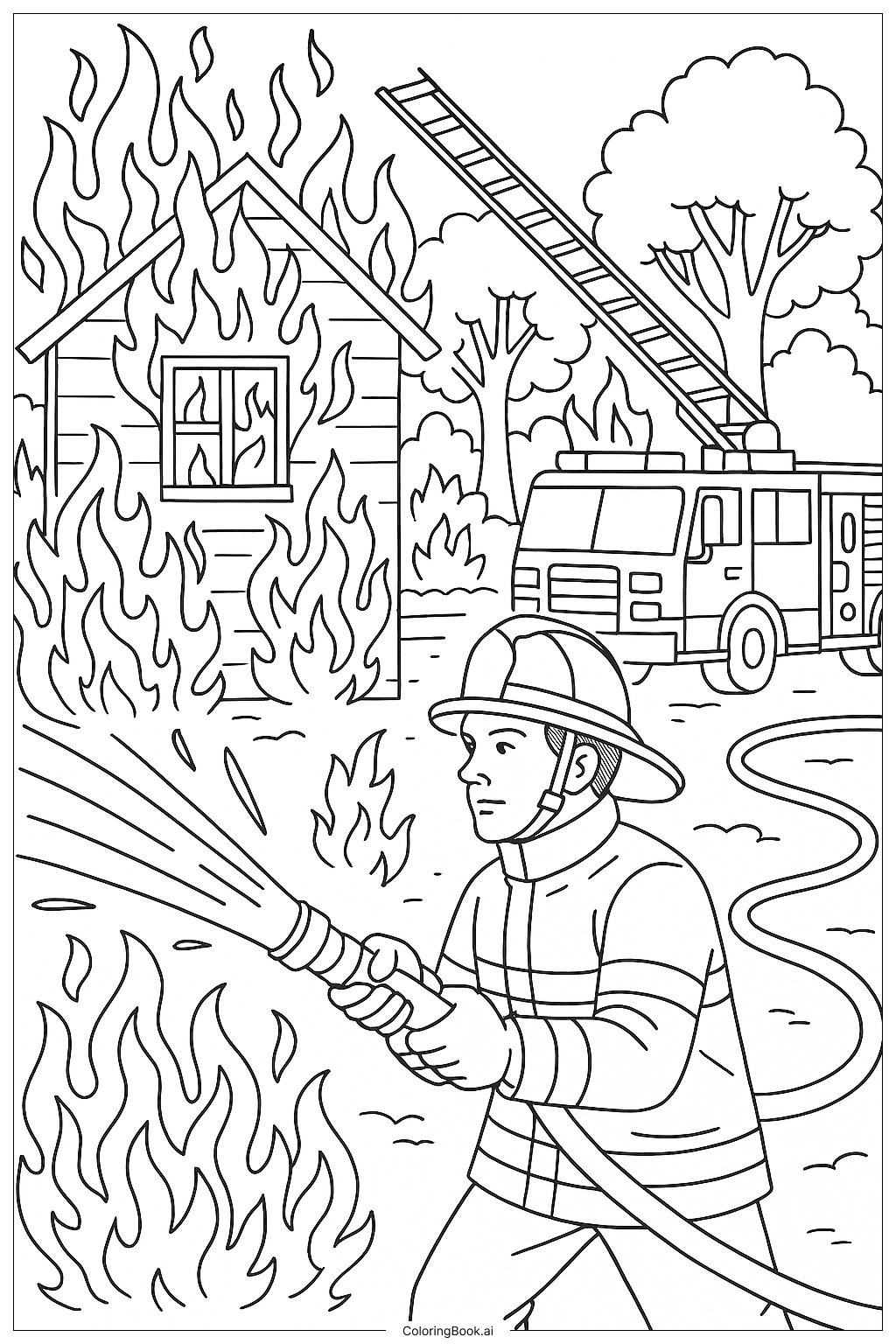  Página para colorear de Bombero apagando incendio 