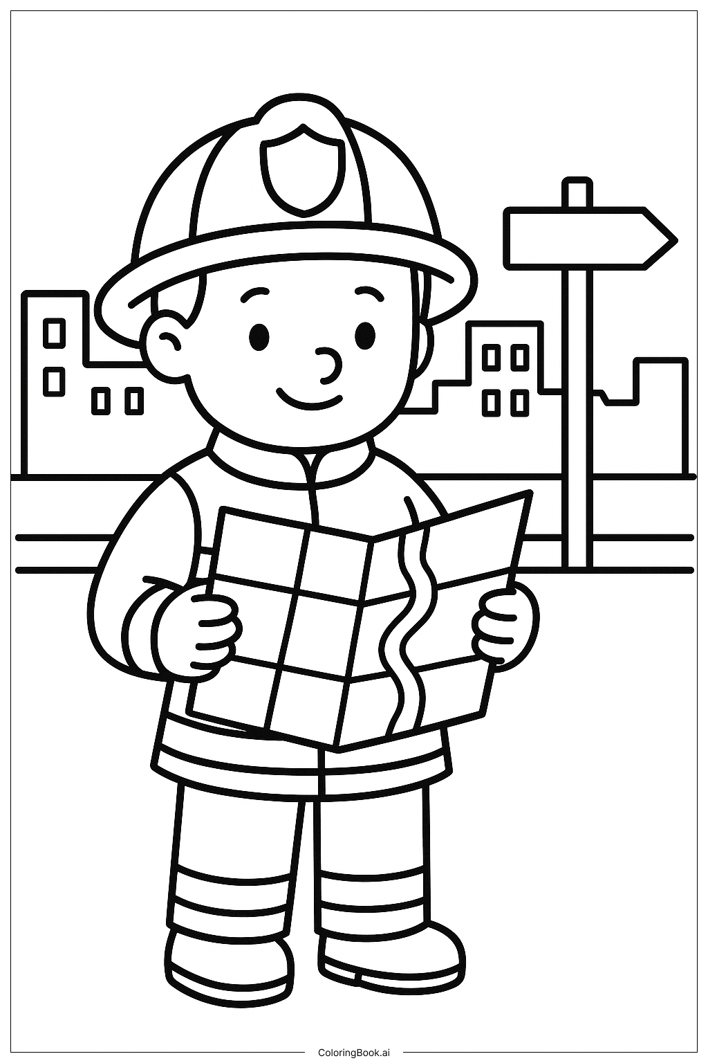 지도를 들고 있는 소방관 색칠공부 페이지