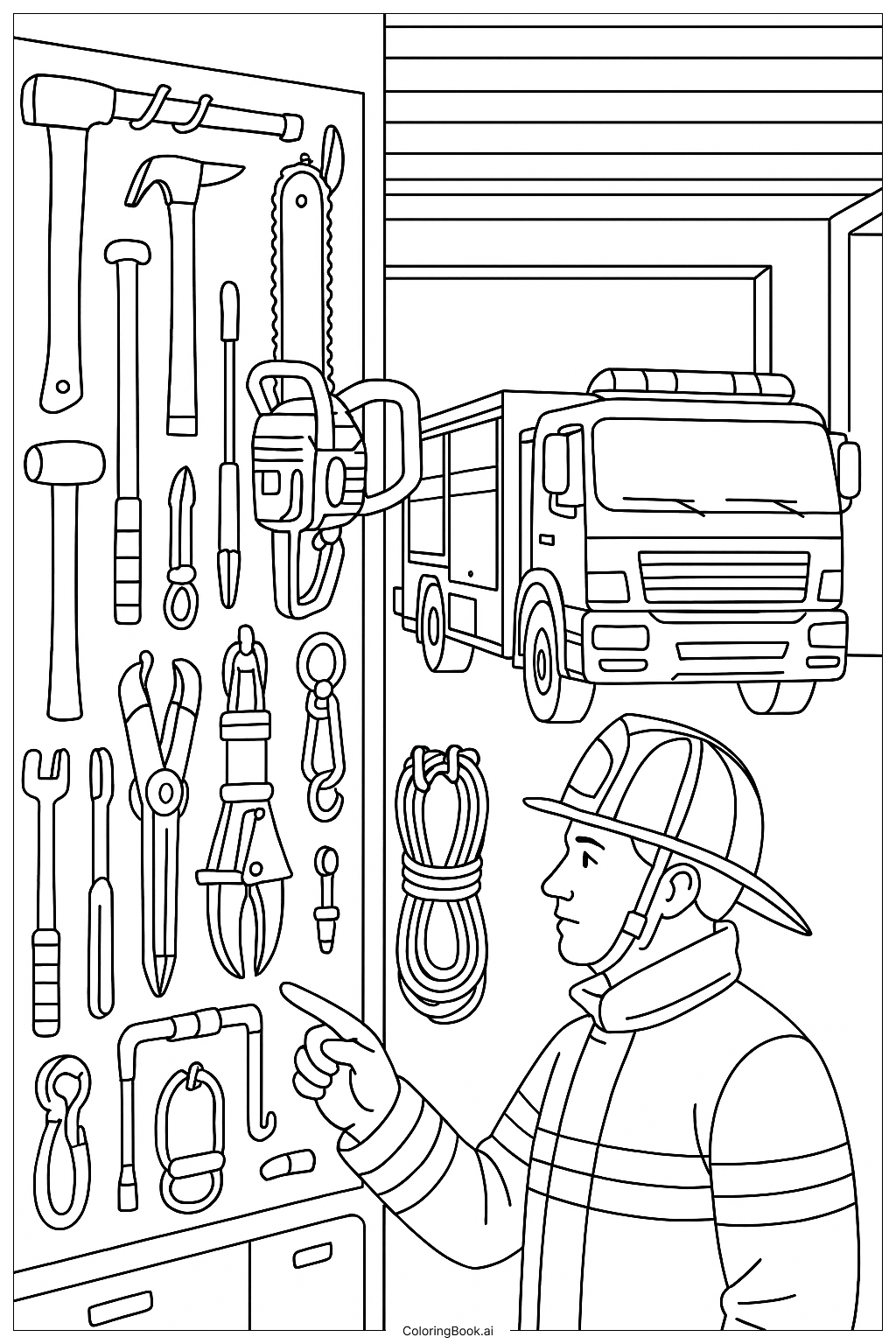 Feuerwehrmann überprüft Ausrüstung Ausmalseite