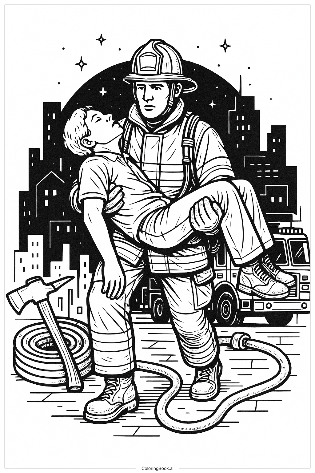 Feuerwehrmann Nachtrettung Ausmalseite