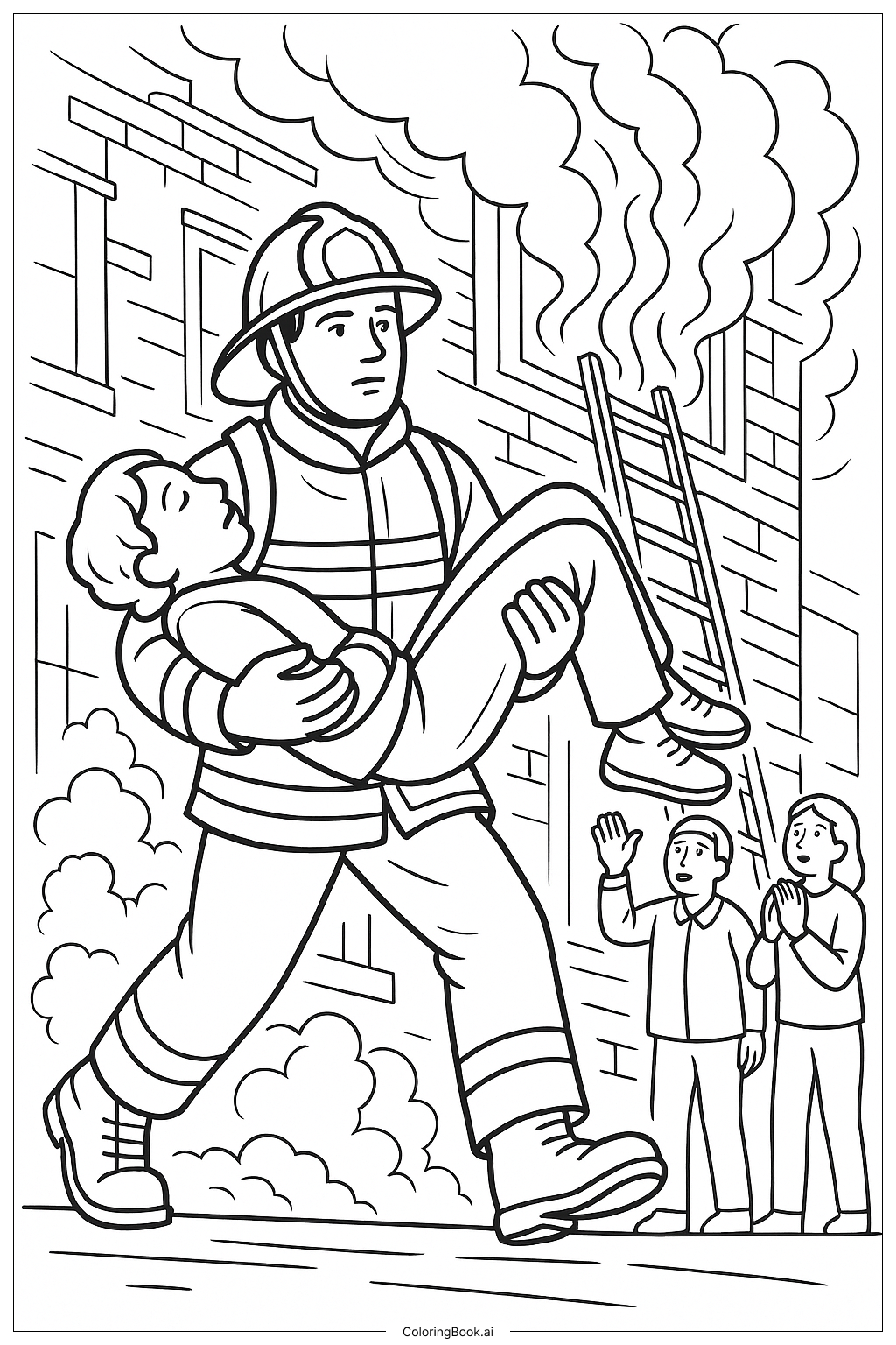  Página para colorear de Bombero rescatando a un niño de un edificio en llamas 