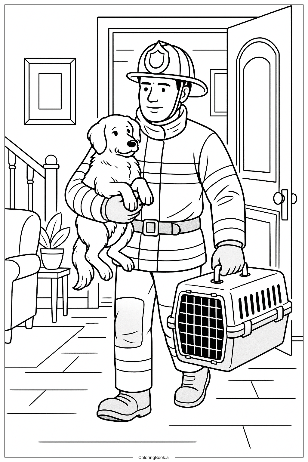  Firefighter Rescuing Pets Coloring Page 