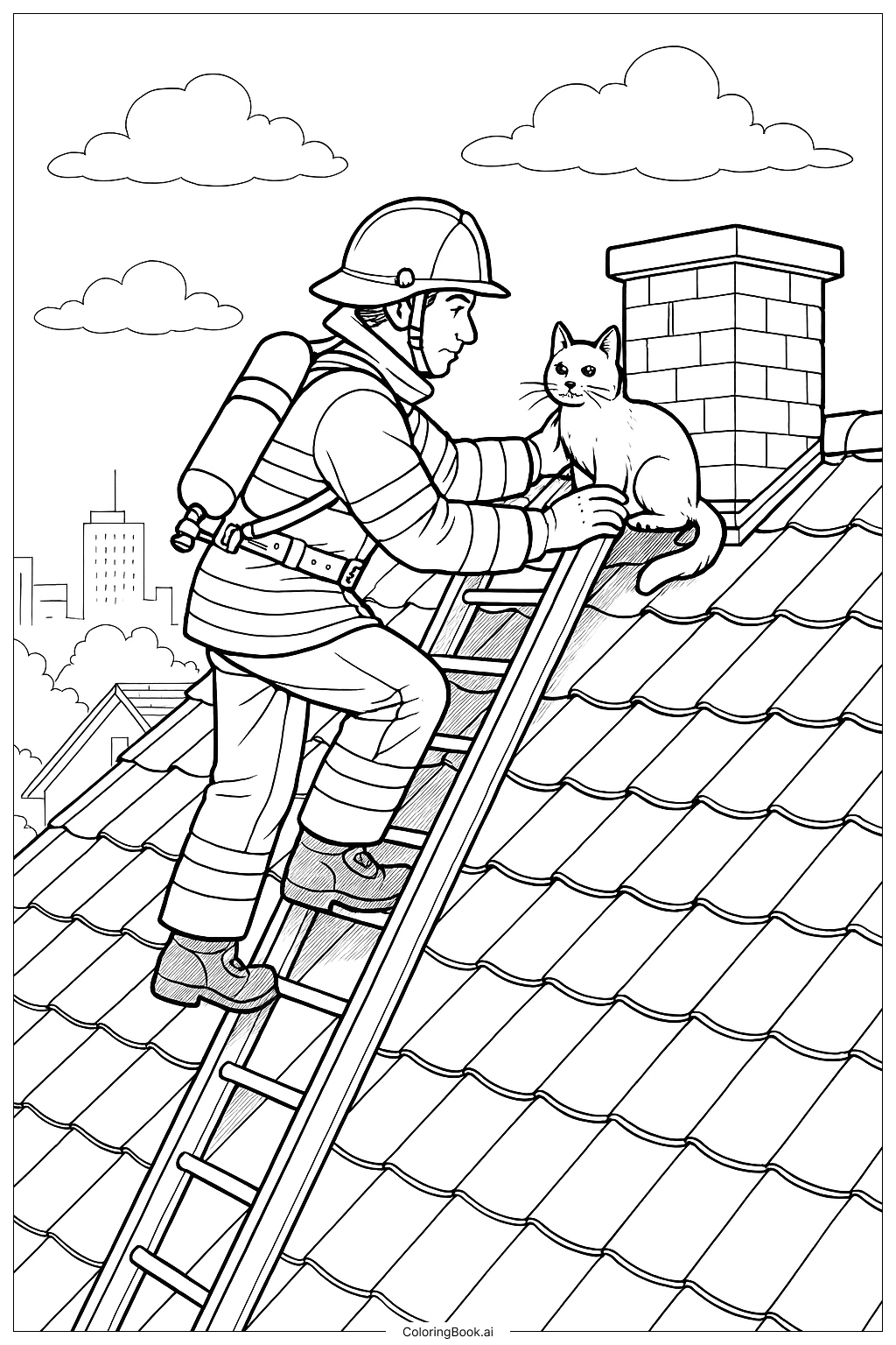 Página para colorir de Bombeiro Salvando Gato do Telhado