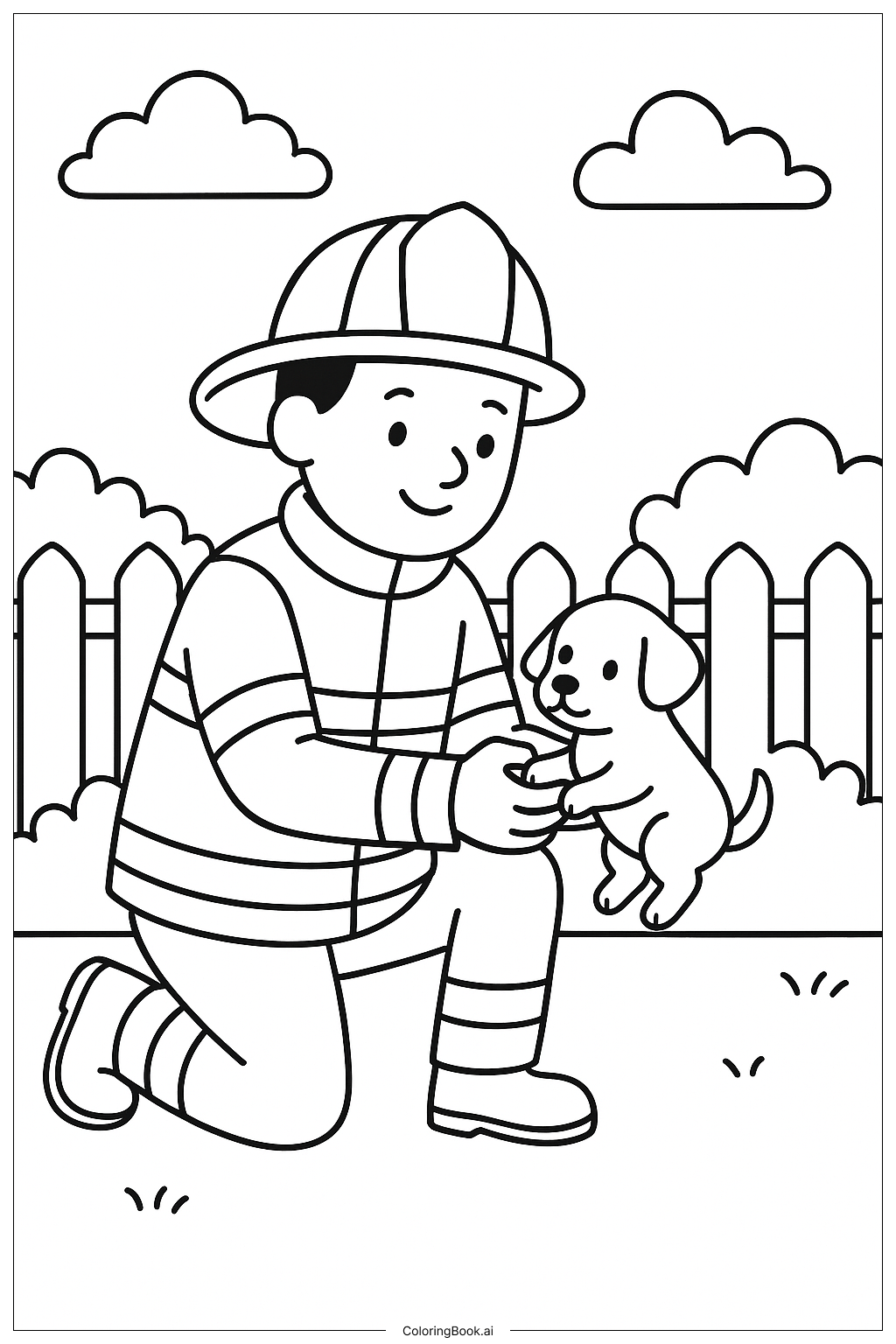  Feuerwehrmann rettet Welpen Ausmalseite 