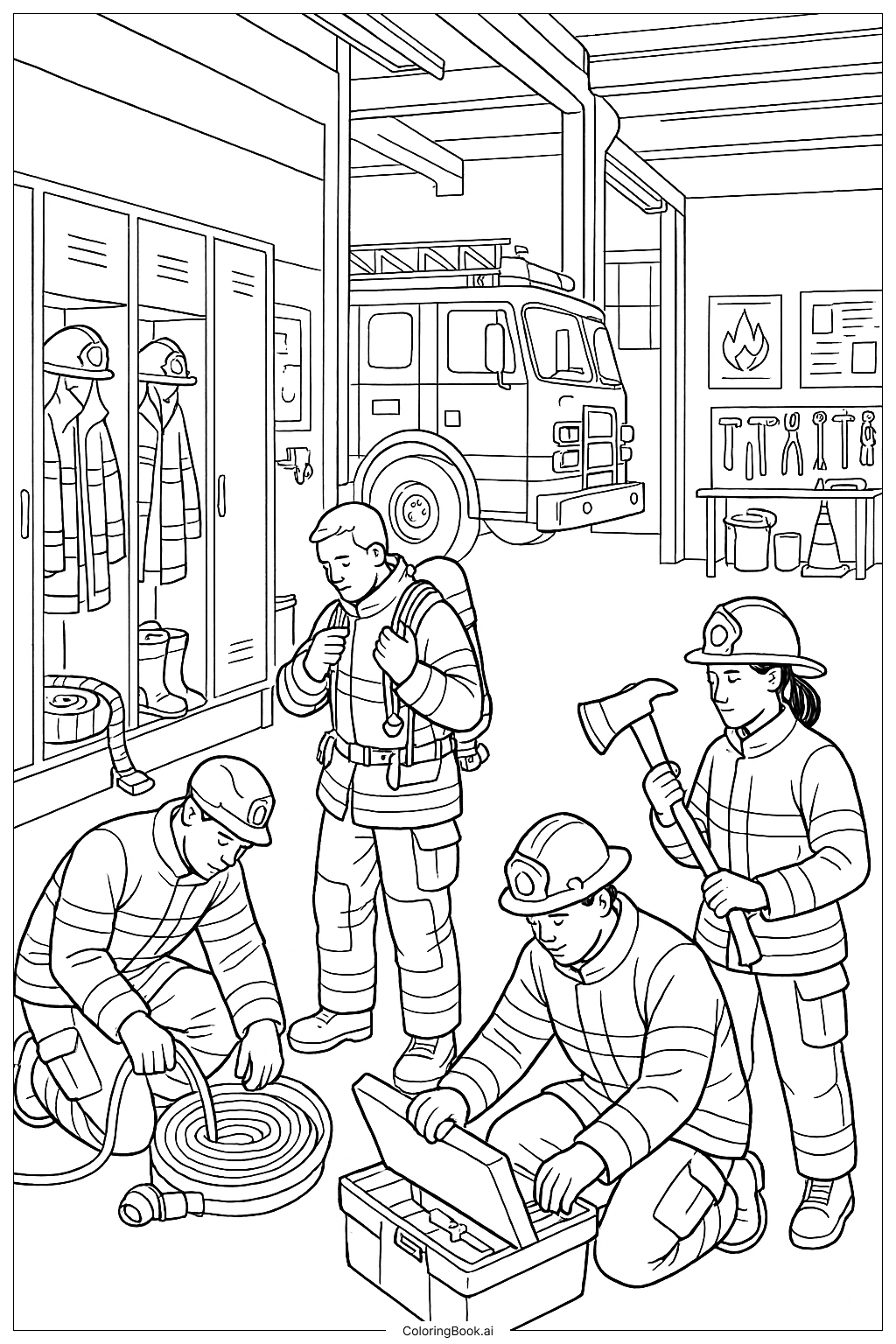  Page de coloriage Équipe de pompiers à la caserne 