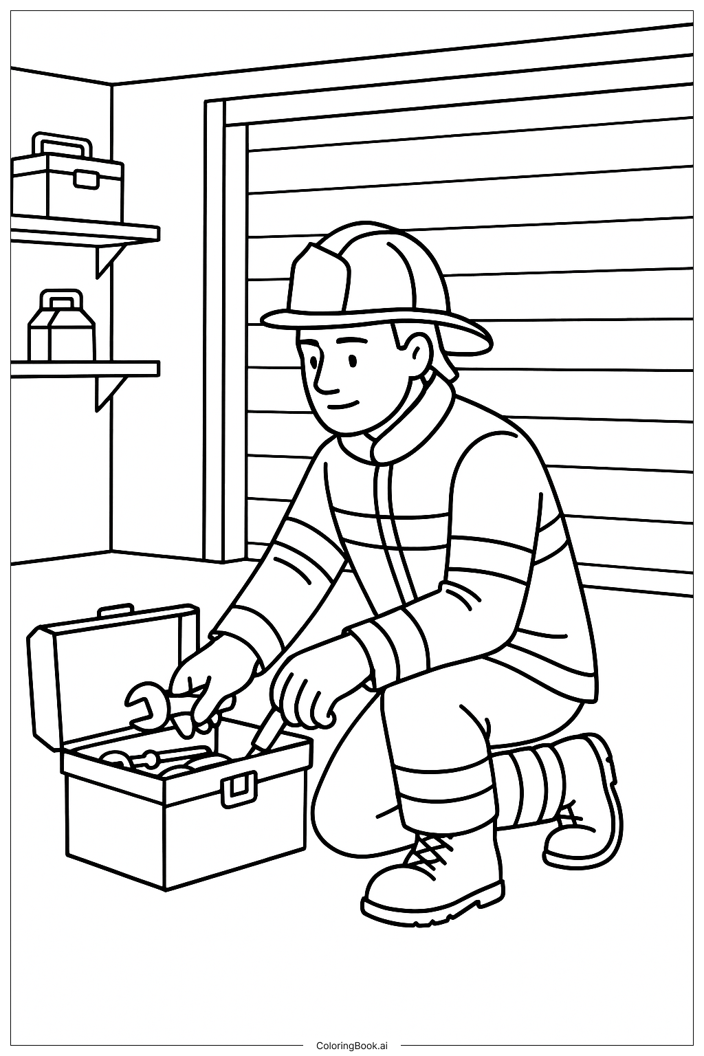 Page de coloriage Pompier avec boîte à outils ouverte 