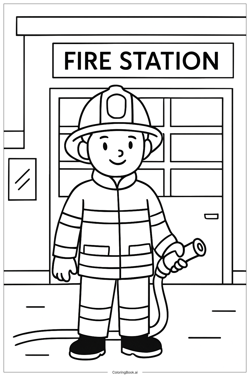  소방관이 소방서 문 앞에 서 있는 모습 색칠공부 페이지 
