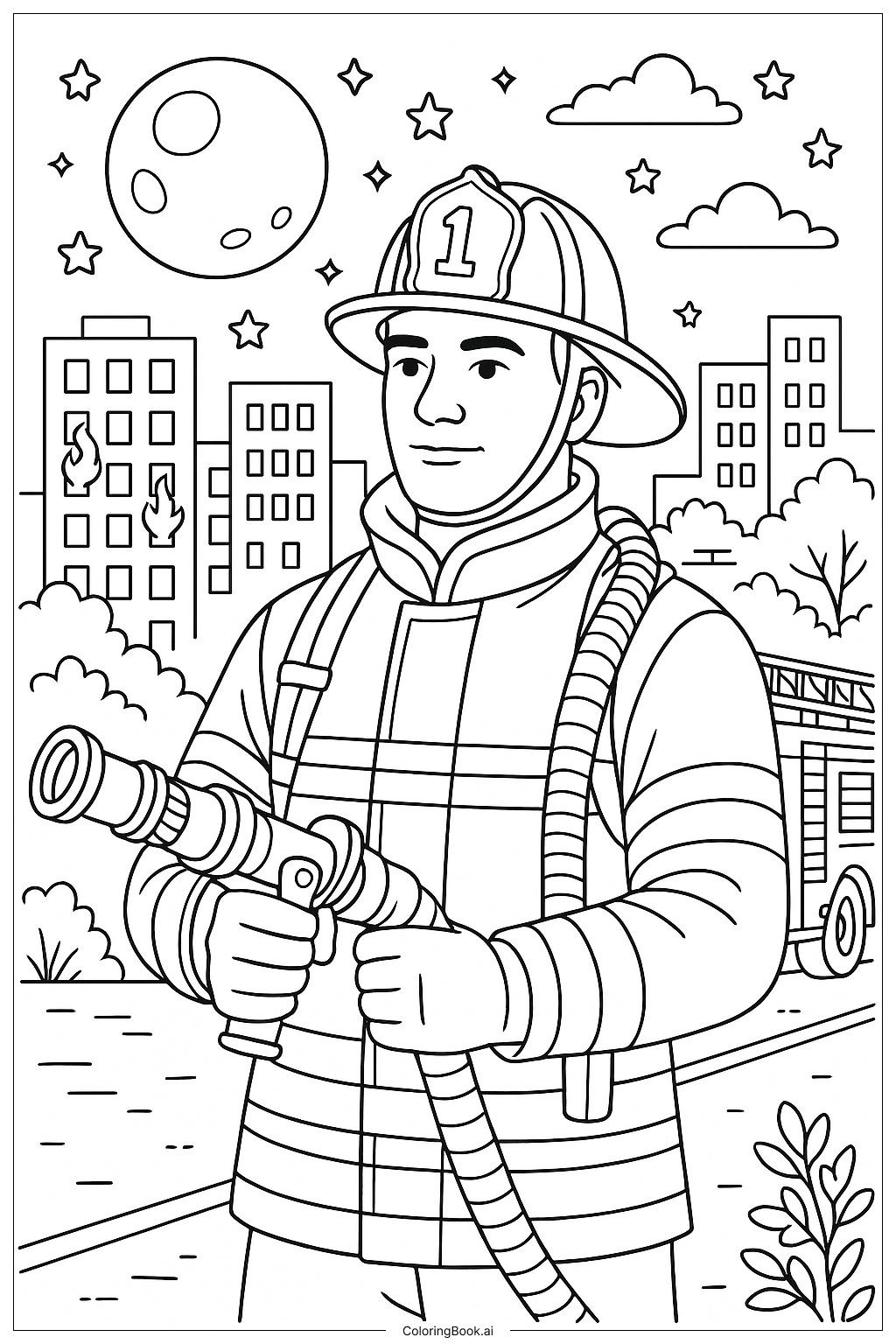 消防員夜間場景著色頁