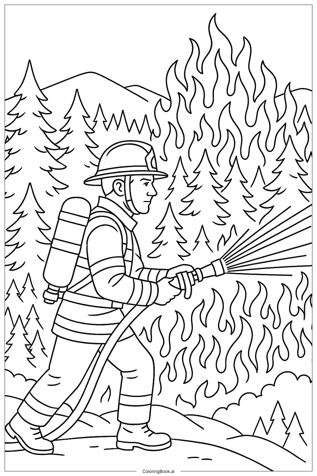  Página para colorir de Bombeiro Combatendo Incêndio Florestal na Serra 