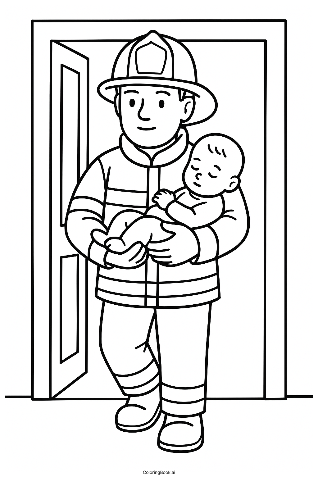  Página para colorir de Bombeiro Carregando Bebê 