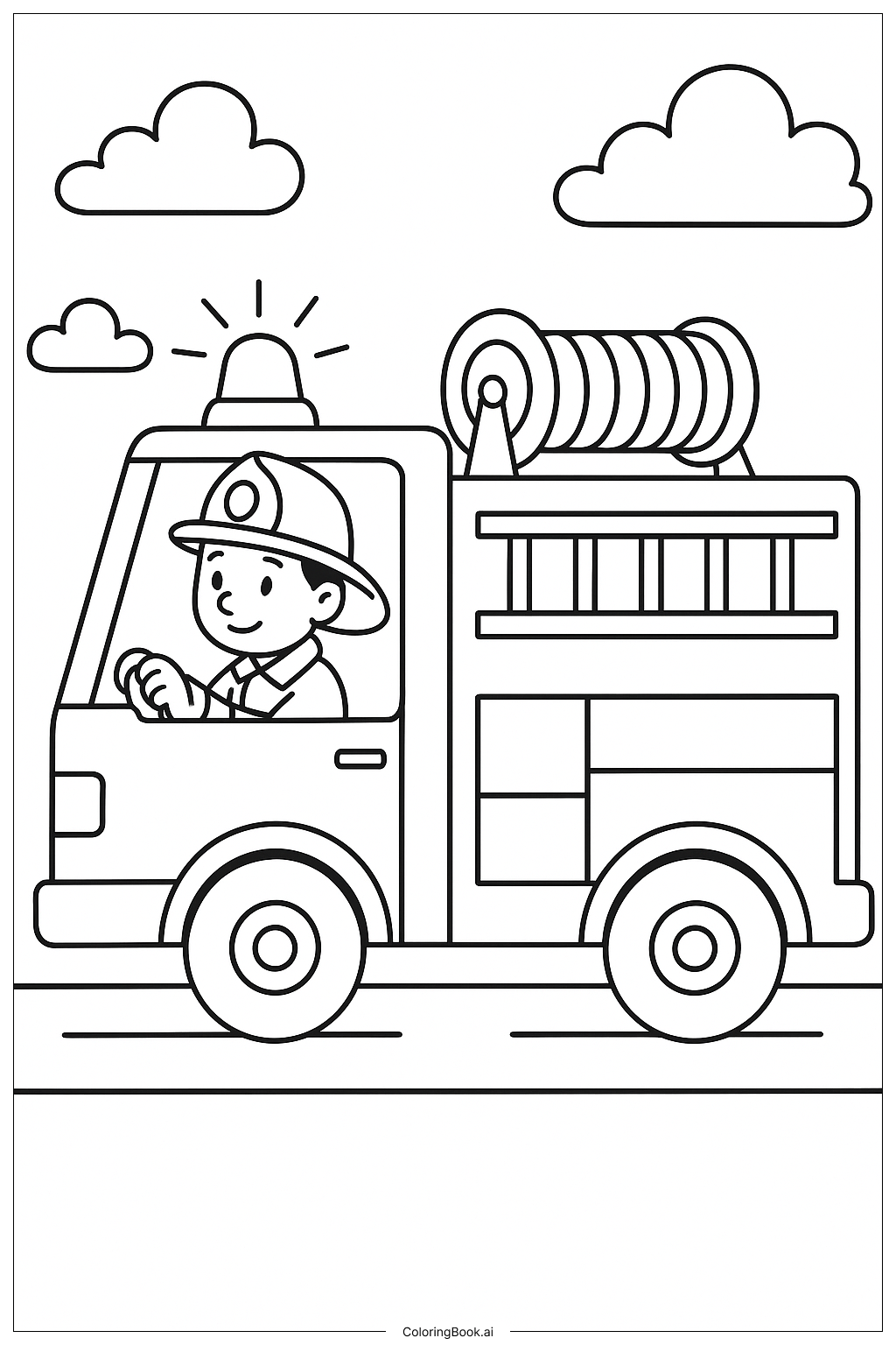  소방관이 소방차를 운전하는 모습 색칠공부 페이지 