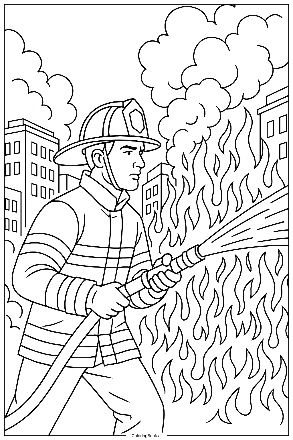  Página para colorir de Bombeiro Combatendo Grande Incêndio 