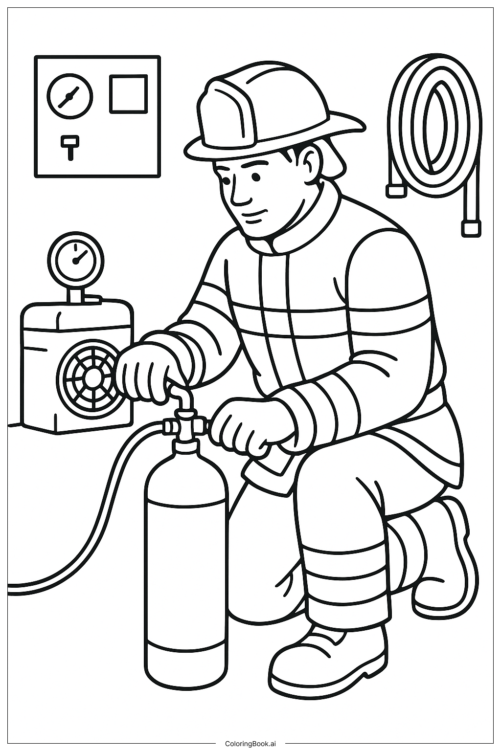  Página para colorir de Bombeiro Enchendo o Cilindro de Ar 