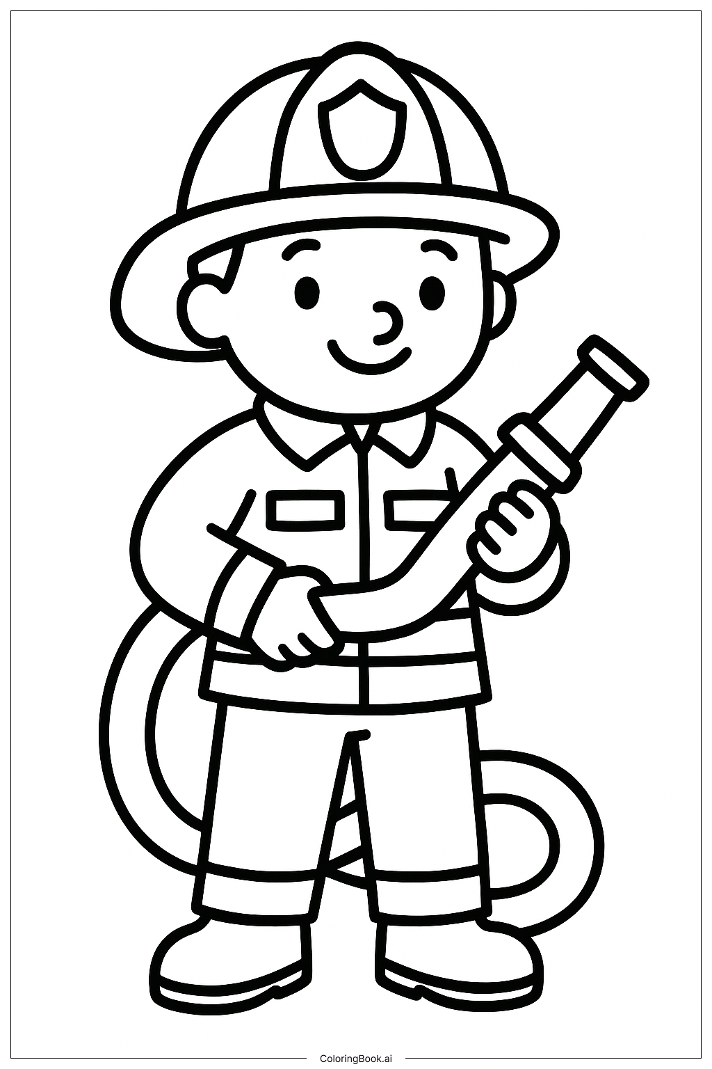 Page de coloriage Pompier tenant un tuyau