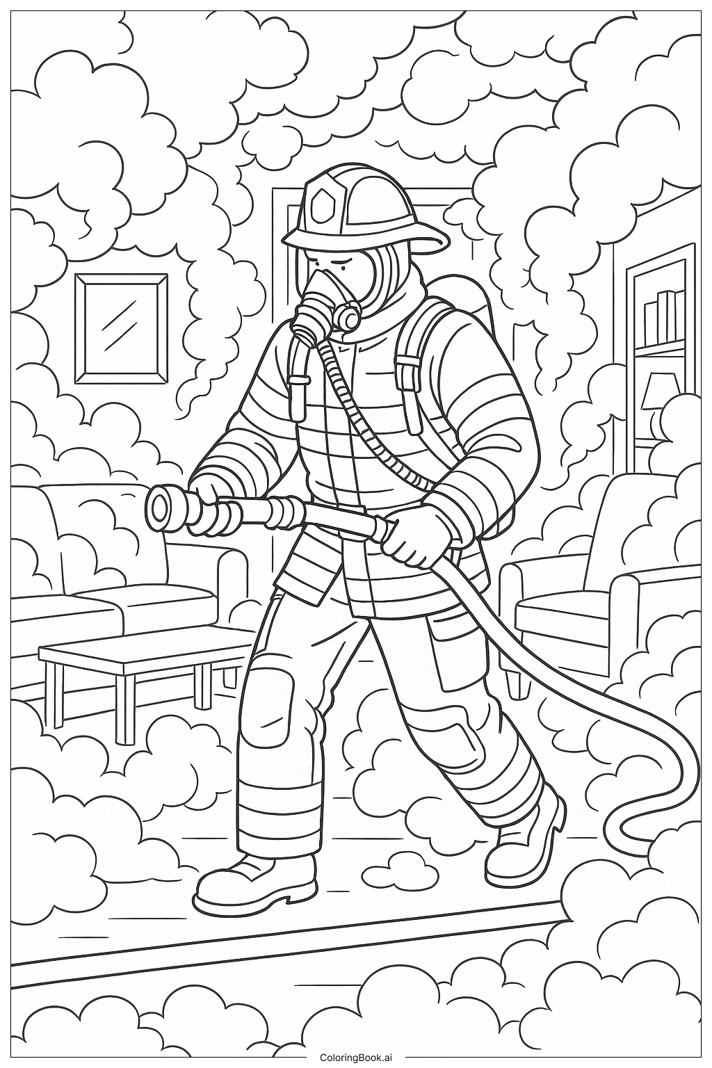  Página para colorir de Bombeiro Dentro de Sala Cheia de Fumaça 
