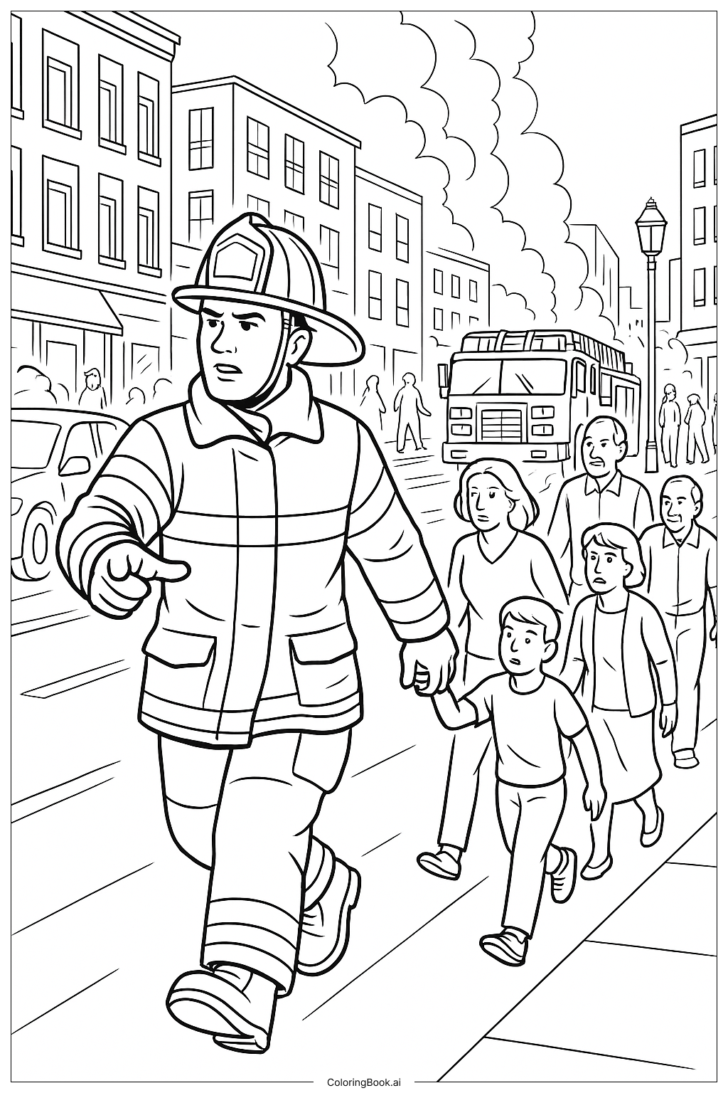 消防員帶領疏散著色頁
