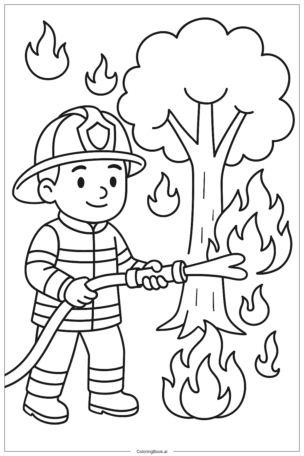  Fireman Near Burning Tree Coloring Page 