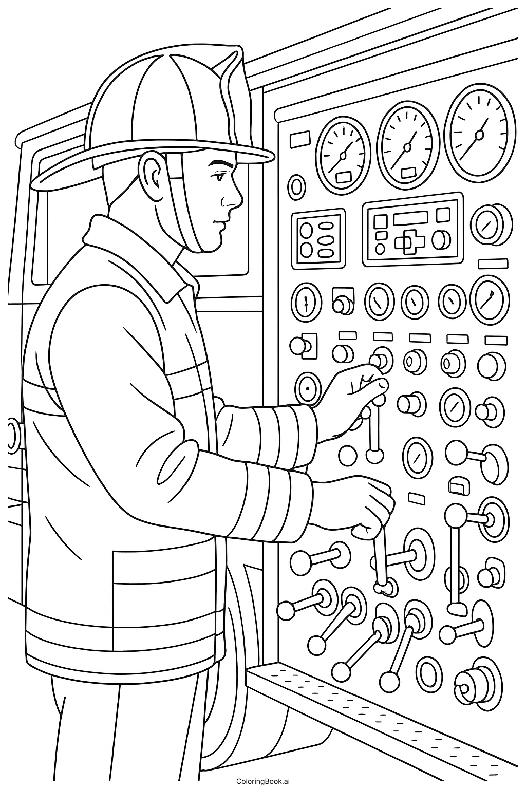 消防員操作消防車控制面板著色頁