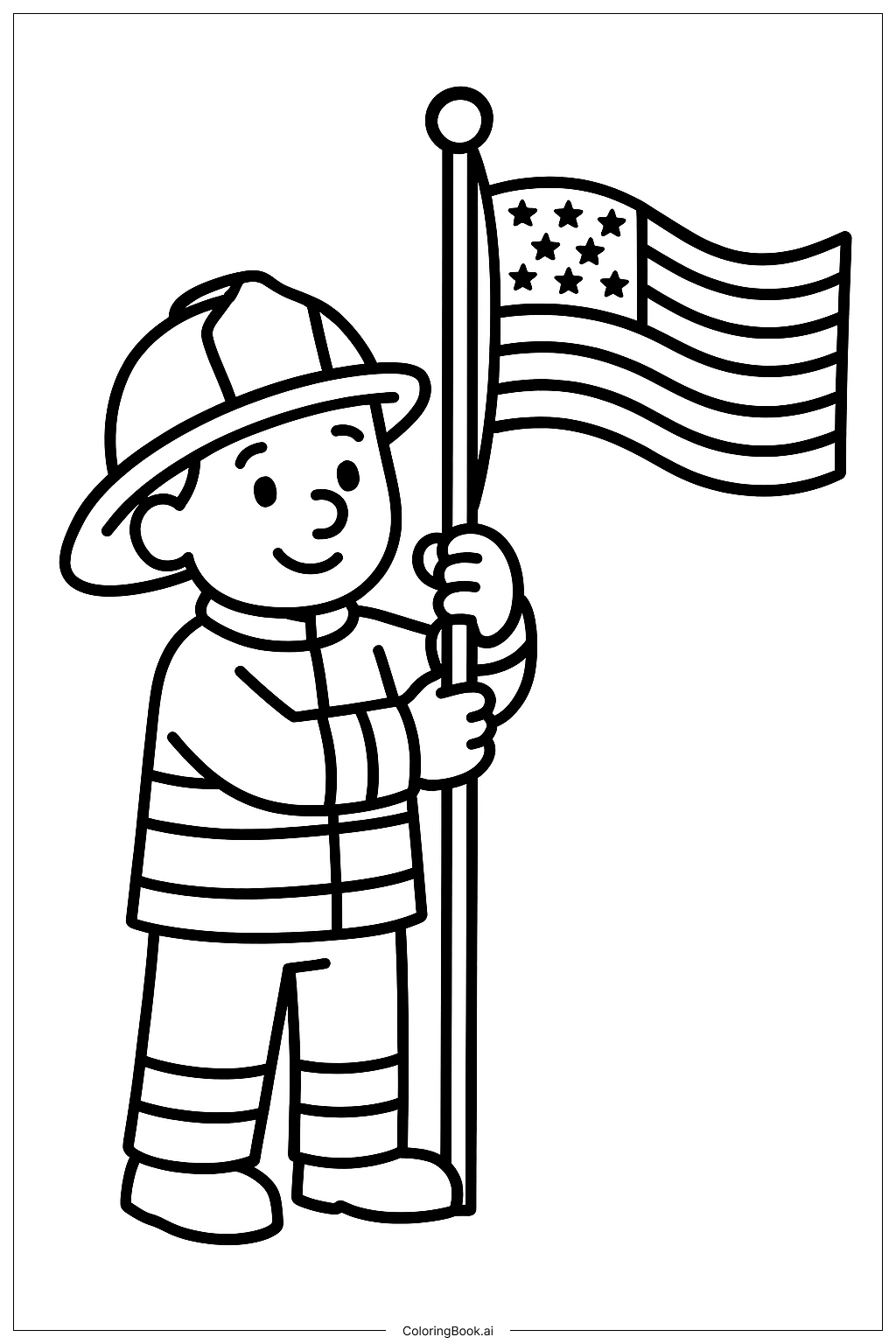 Page de coloriage Pompier levant le drapeau