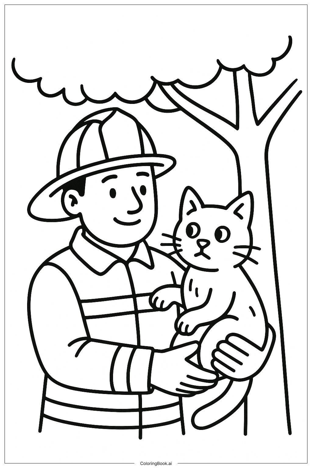  Page de coloriage Pompier sauveteur de chat 