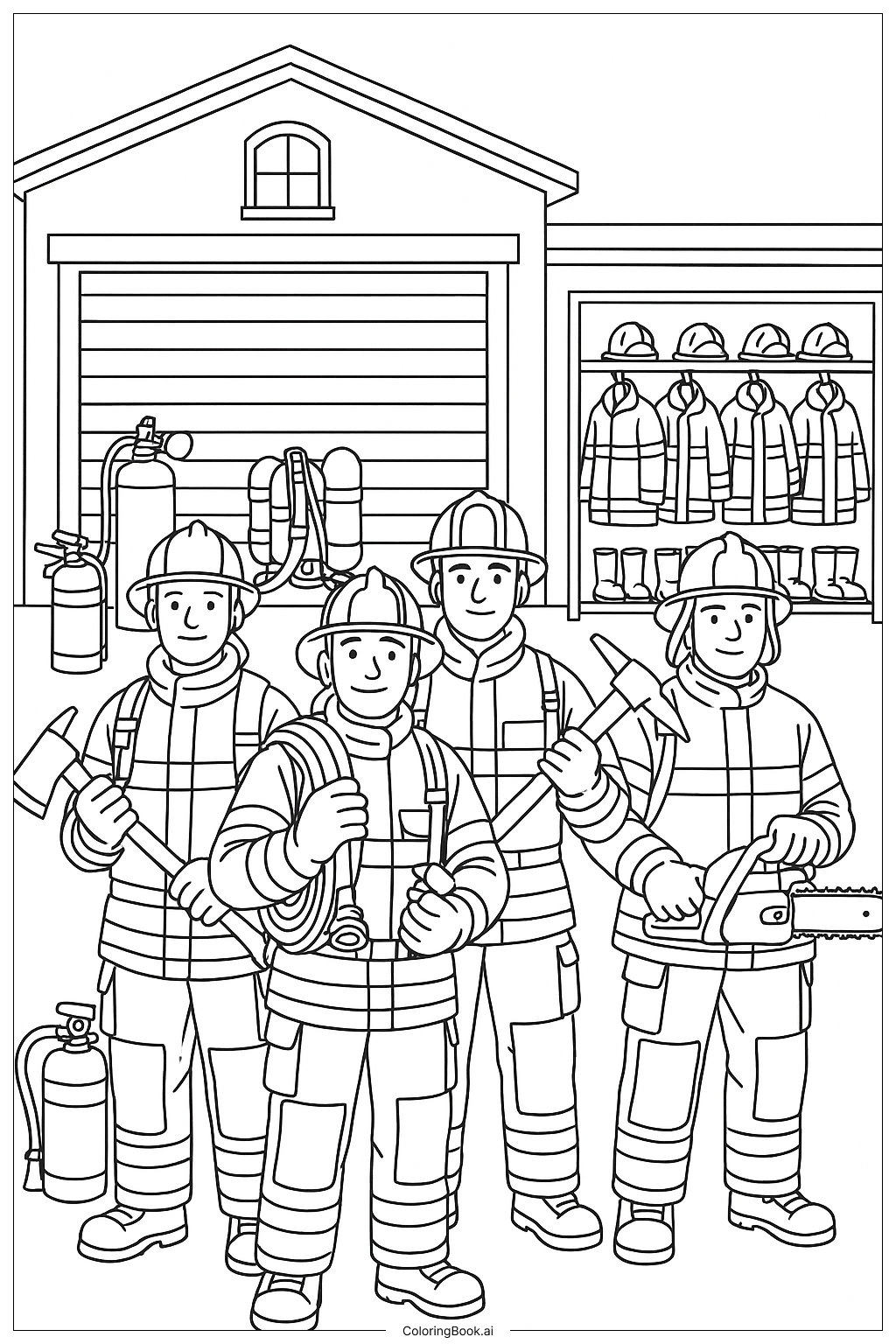 消防隊員與裝備著色頁