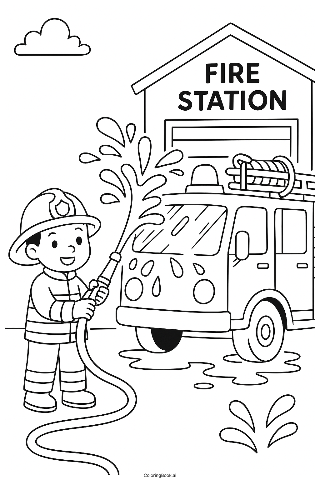 消防員洗消防車著色頁