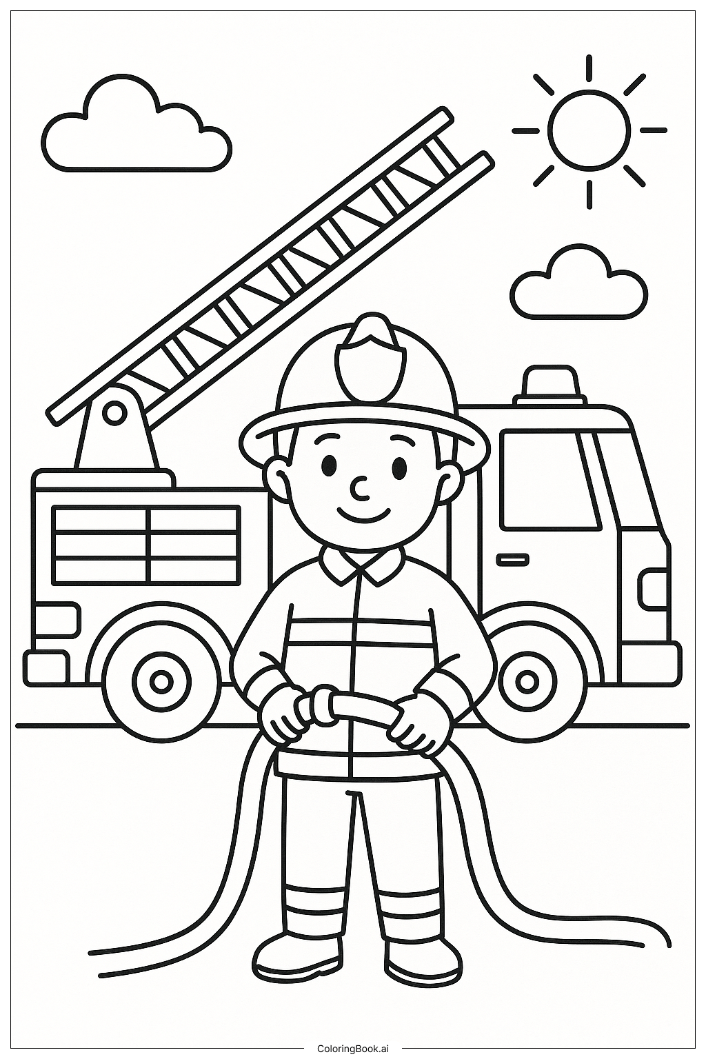Fireman With Firetruck Ladder Coloring Page (Free PDF&PNG Printable)