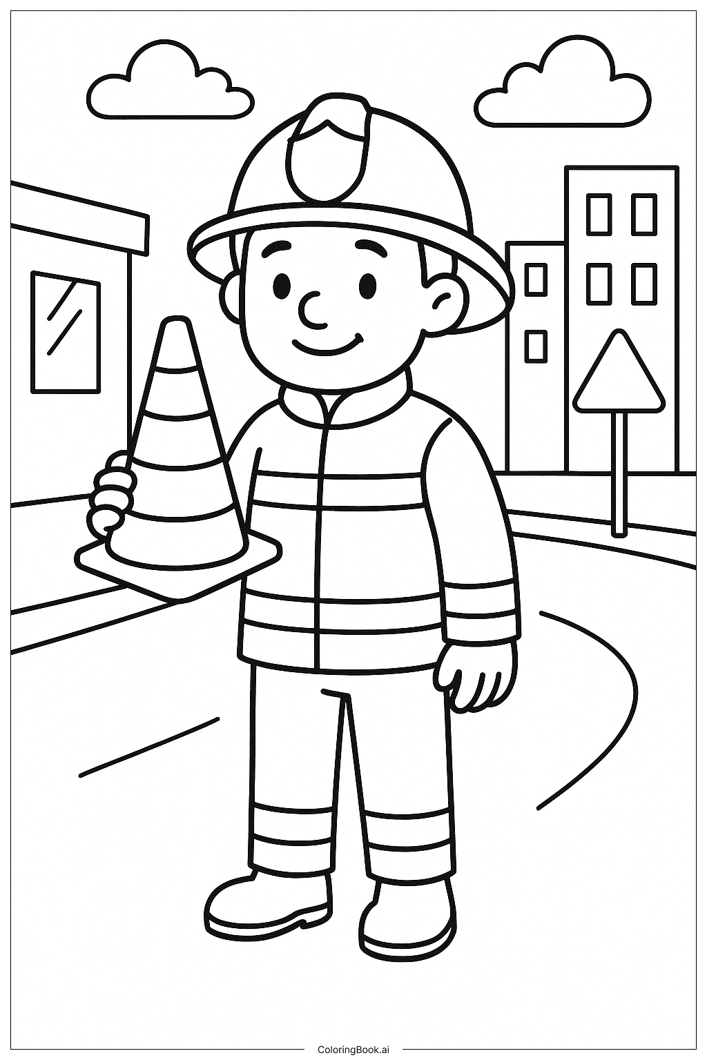  Page de coloriage Pompier avec cône de sécurité 