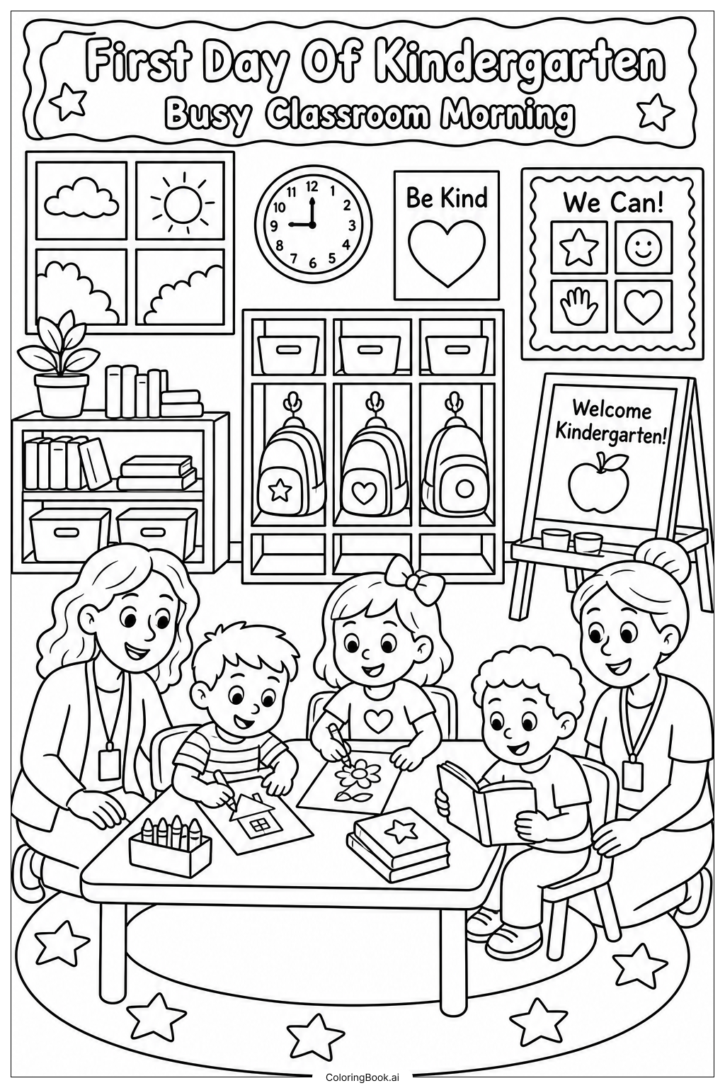 Erster Tag im Kindergarten Geschäftiger Klassenraum am Morgen Ausmalseite