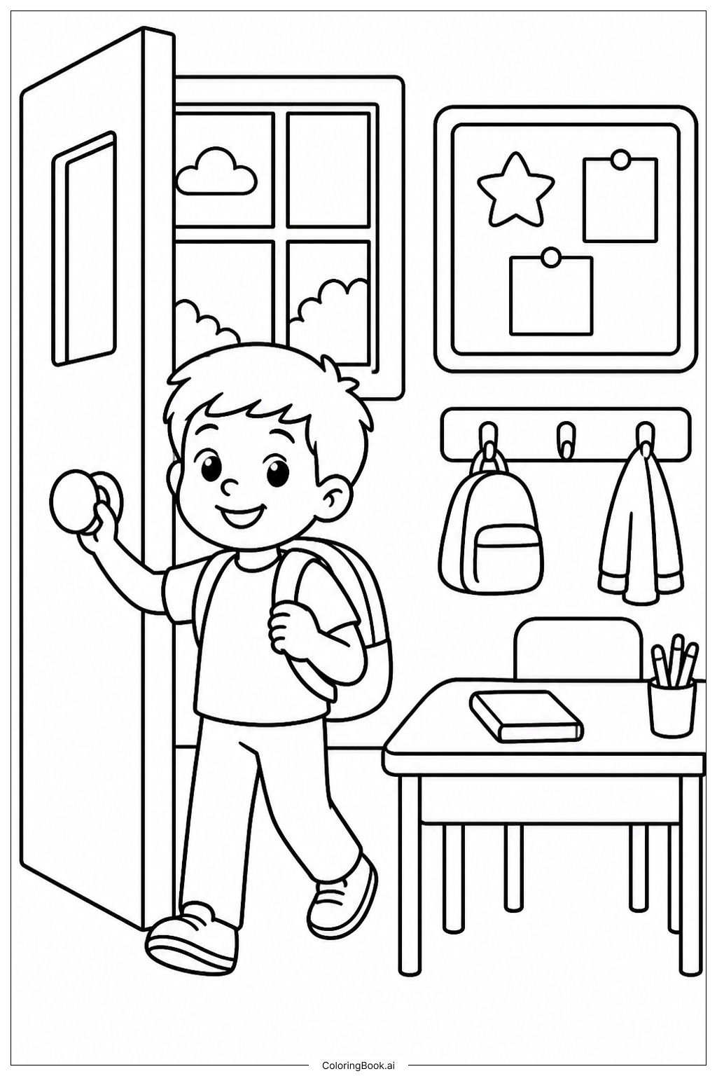 Ankunft im Kindergarten am ersten Tag Ausmalseite