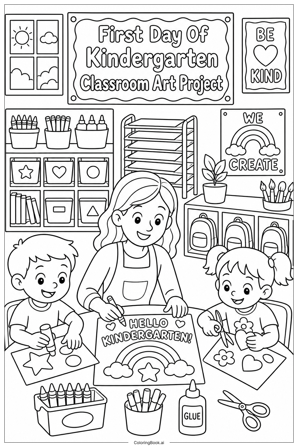  First Day Of Kindergarten Classroom Art Project Coloring Page 