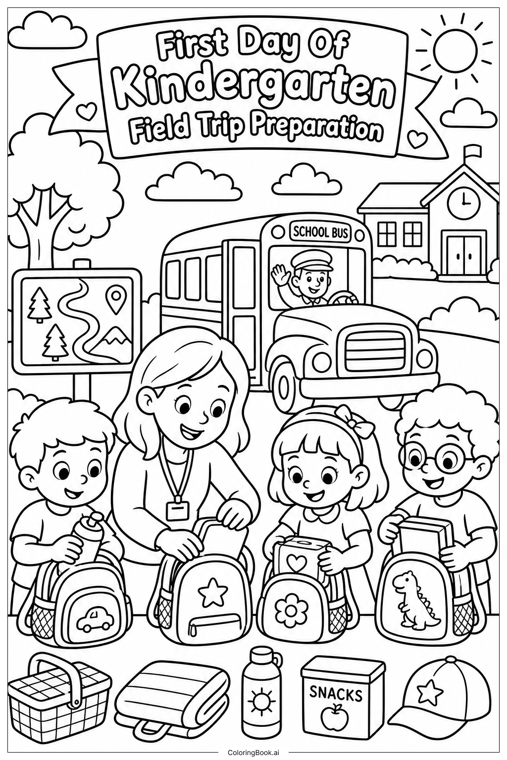  First Day Of Kindergarten Field Trip Preparation Coloring Page 