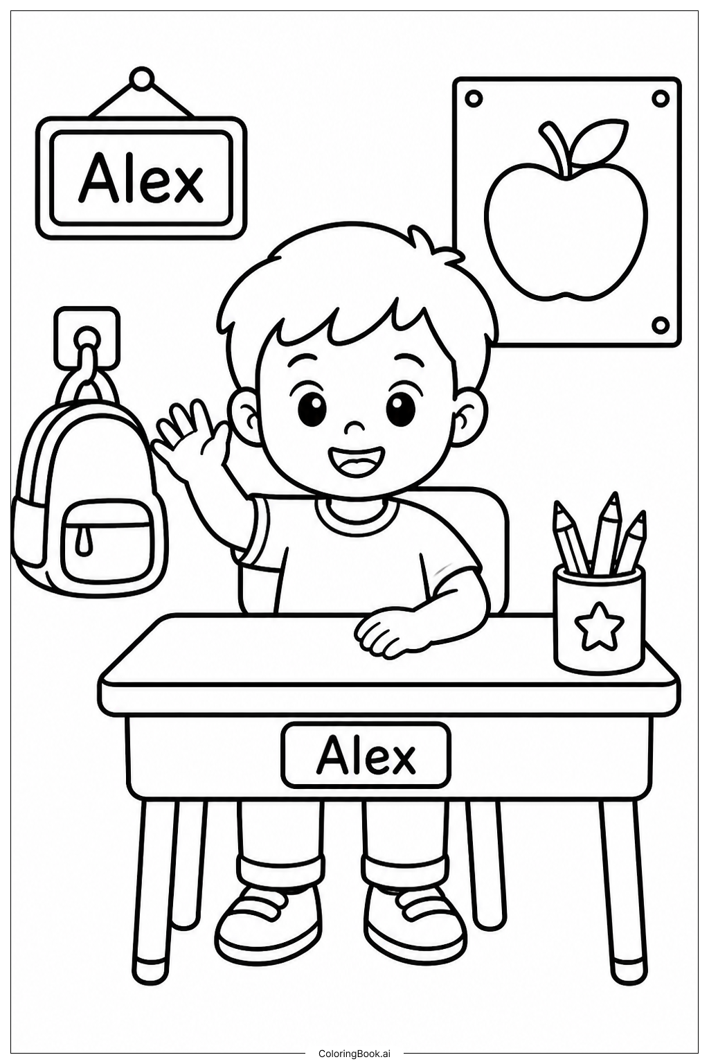 Erster Schultag im Kindergarten Erster Schreibtisch Ausmalseite