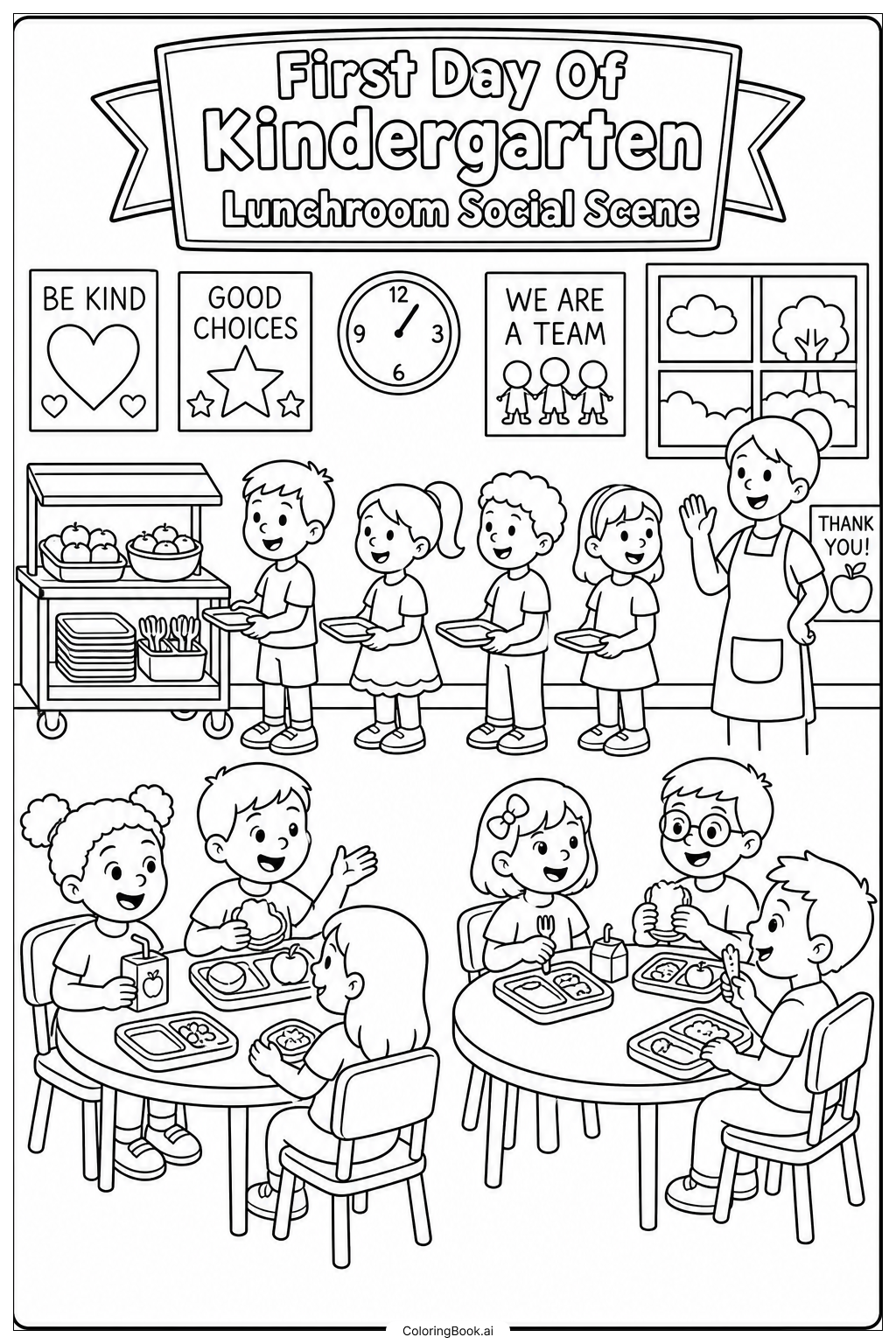 First Day Of Kindergarten Lunchroom Social Scene Coloring Page