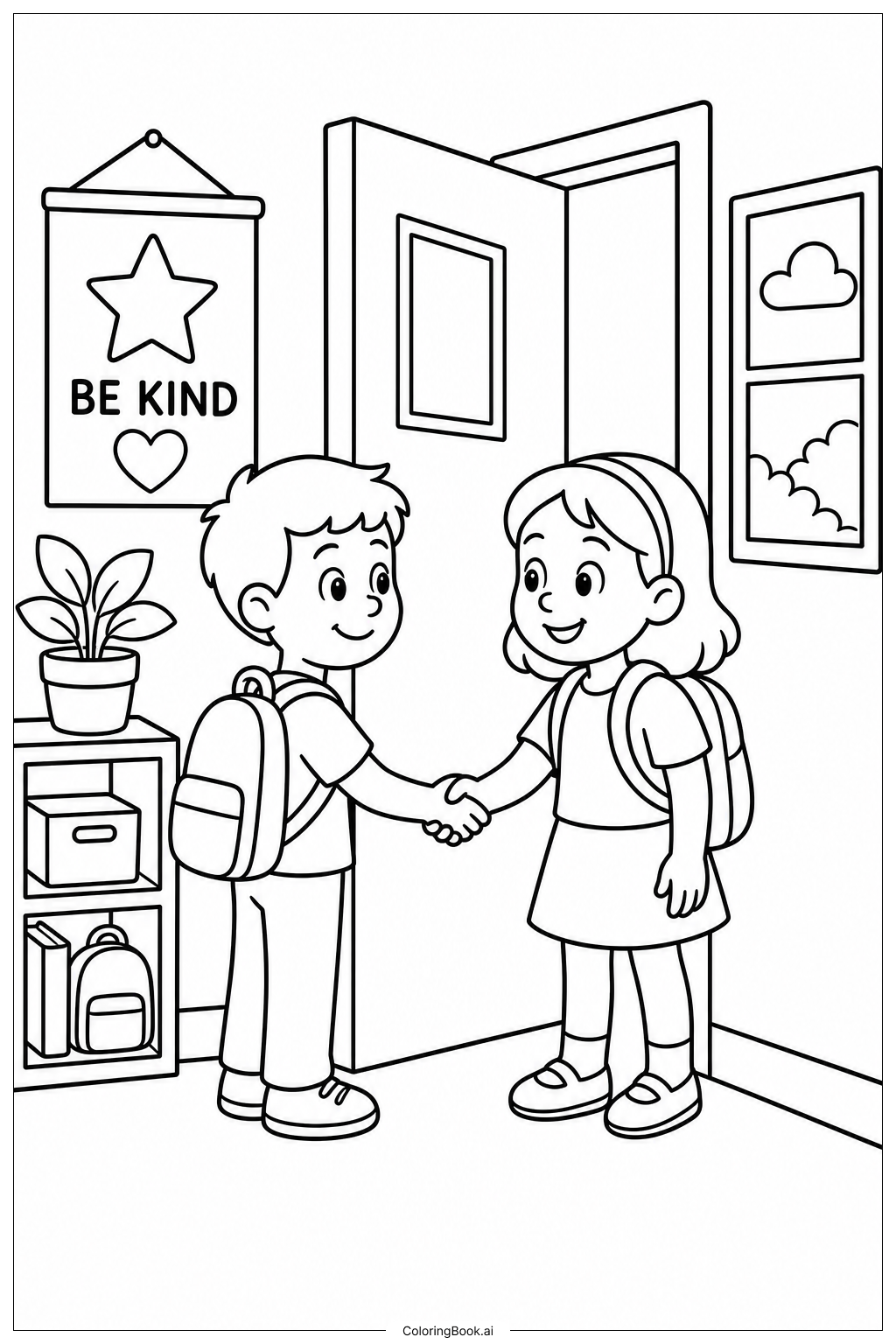 Erster Tag im Kindergarten Neue Freunde treffen sich Ausmalseite