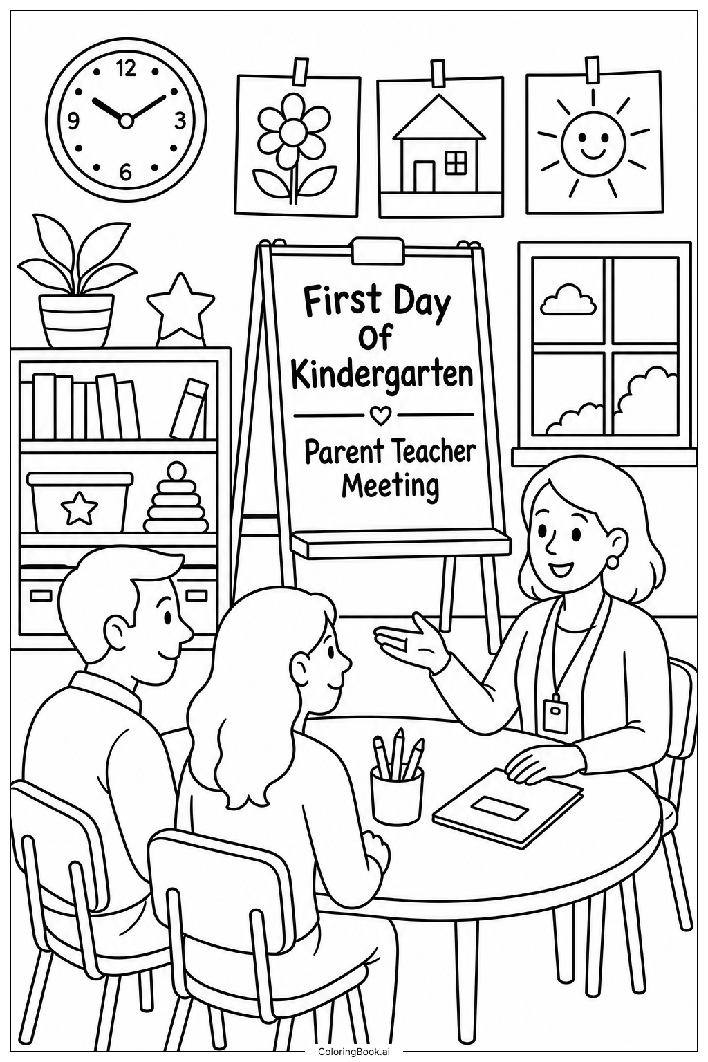  First Day Of Kindergarten Parent Teacher Meeting Coloring Page 