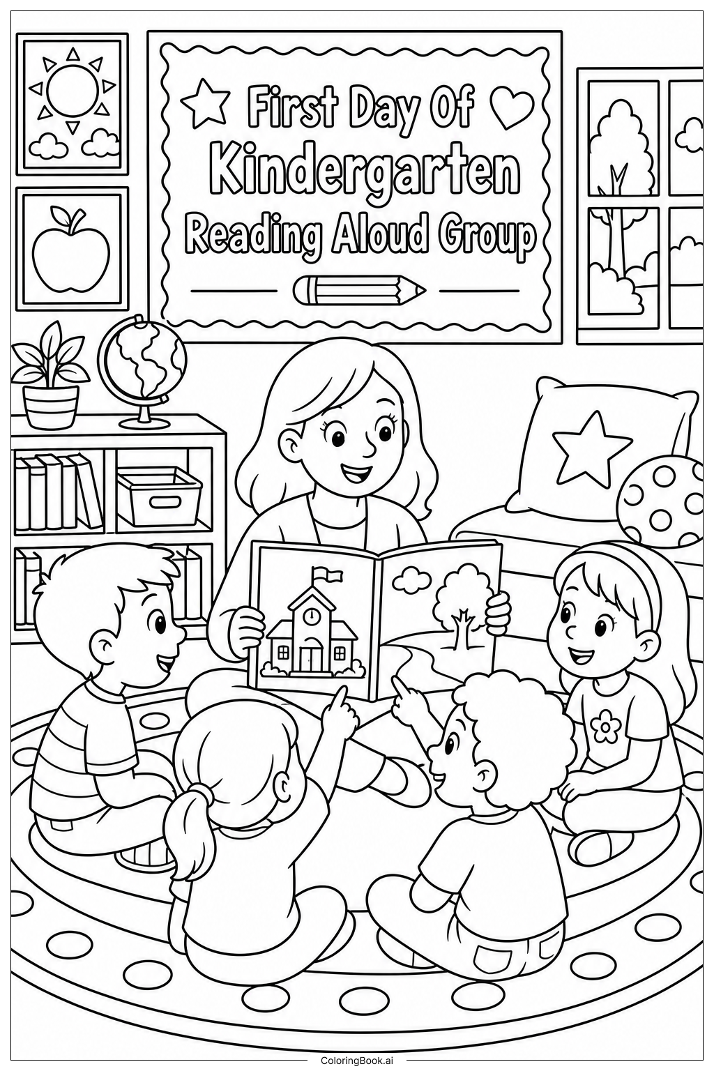 First Day Of Kindergarten Reading Aloud Group Coloring Page