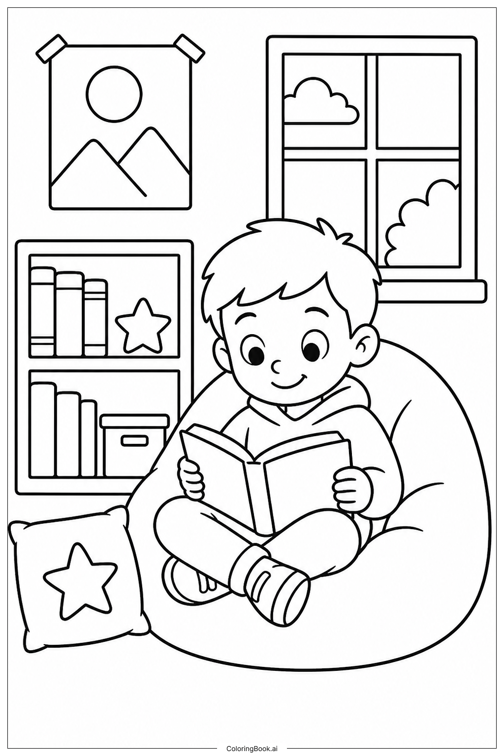 Leseecke am ersten Kindergartentag Ausmalseite