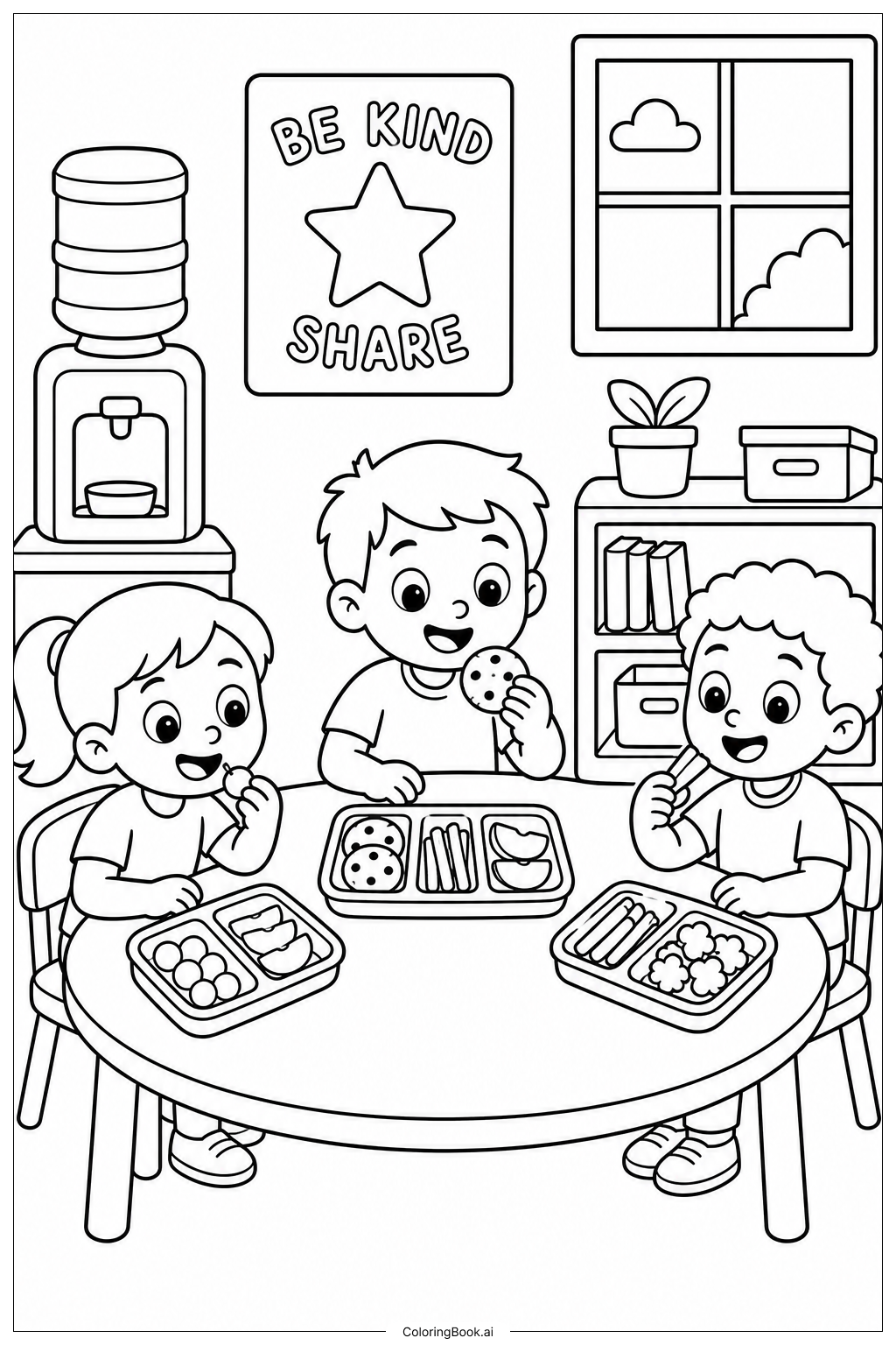 Snackzeit-Tisch am ersten Kindergartentag Ausmalseite